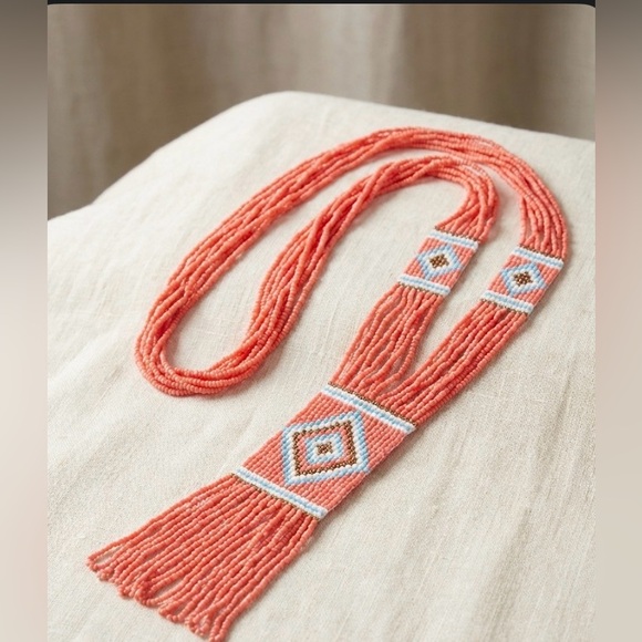 Coral Pink Seed Bead Necklace Aztec Southwest Fringe Statement Jewelry - Picture 1 of 6